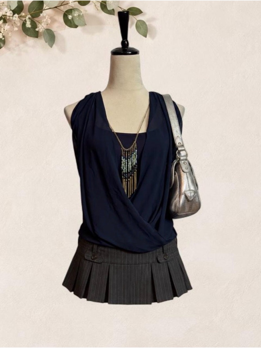 IZ Byer Navy Draped Chiffon Blouse Built-In Necklace Top XS